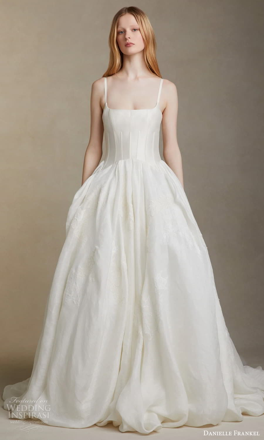 danielle frankel spring 2025 bridal sleeveless straps squae neckline clean minimalist petal modified basque waist a line ball gown wedding dress chapel train (10) mv