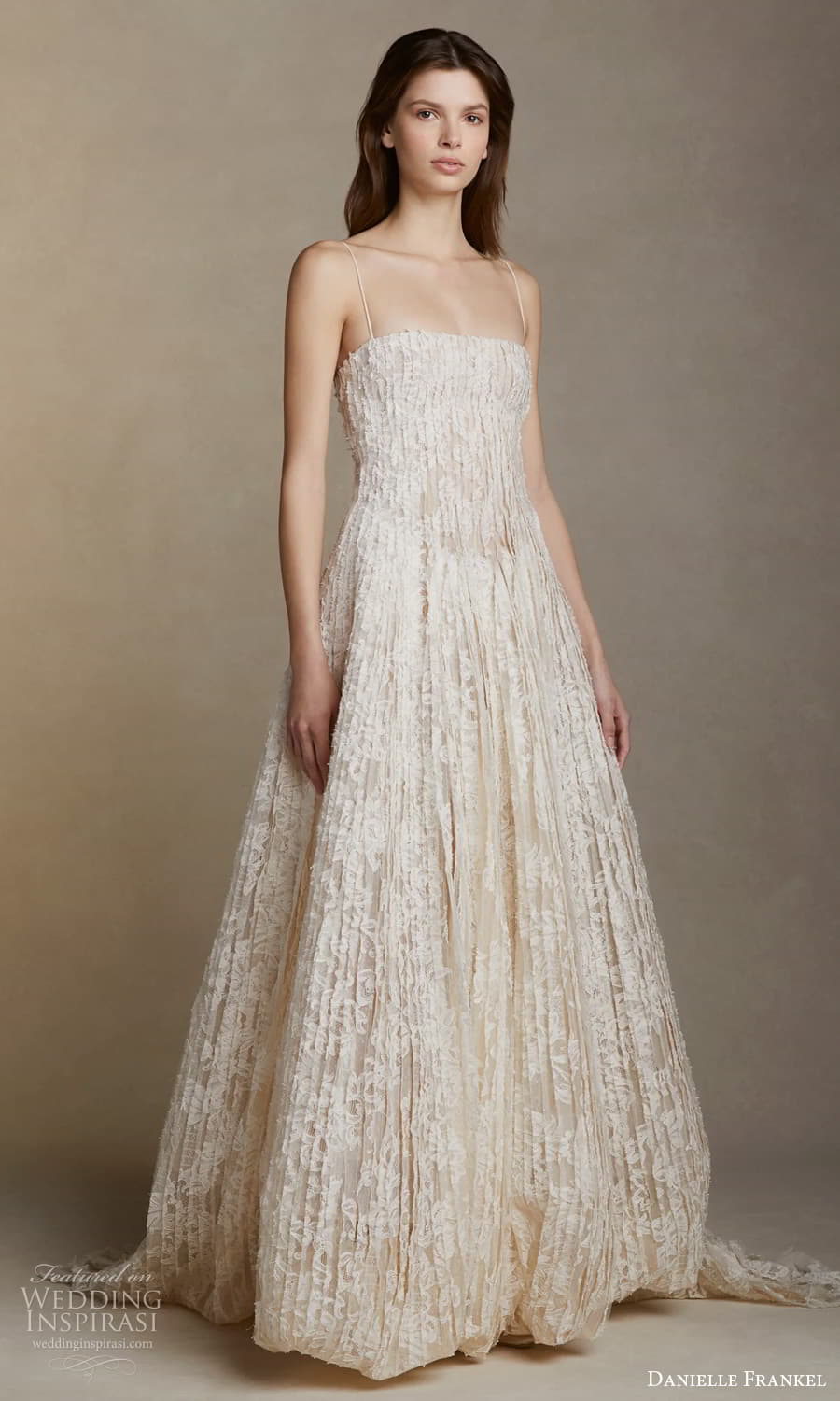 danielle frankel spring 2025 bridal sleeveless thin straps straight across necklnie pleated textured a line wedding dress chapel train (8) mv