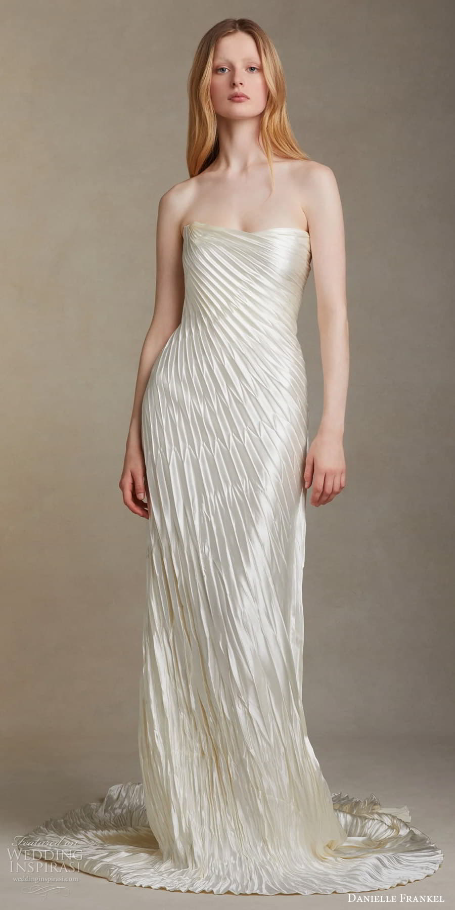 danielle frankel spring 2025 bridal strapless semi sweetheart neckline pleated sheath wedding dress chapel train (6) mv