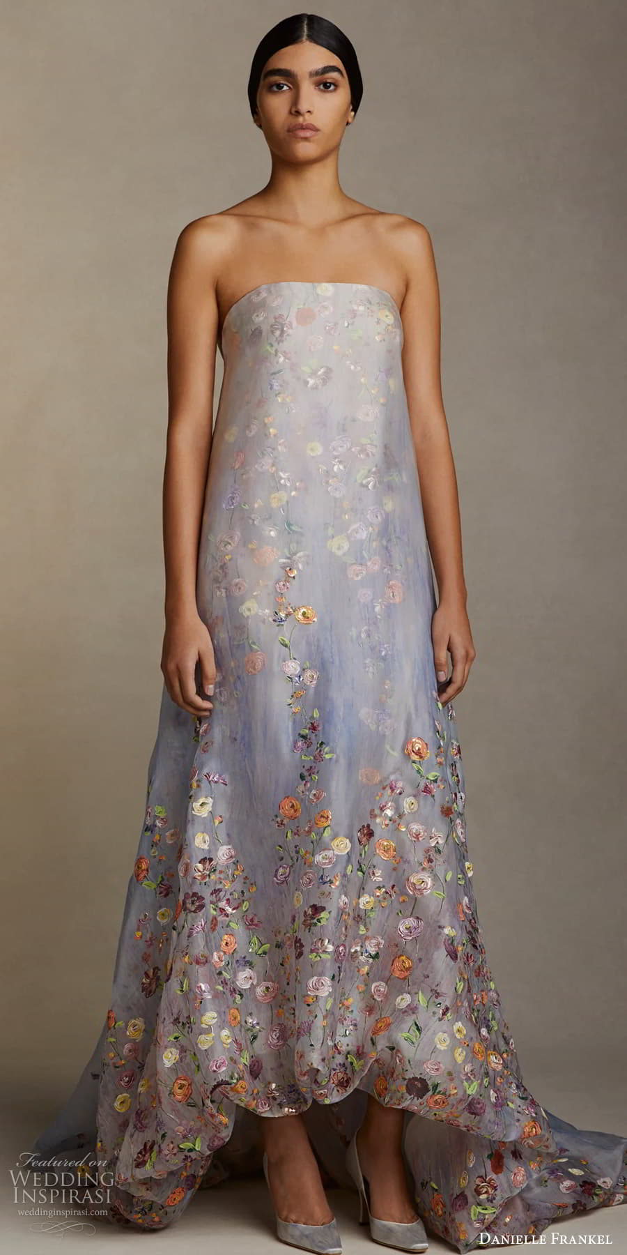 danielle frankel spring 2025 bridal strapless straight across neckline floral print colorful purple color ombre hand painted bubble hem a line wedding dress chapel train (9) mv