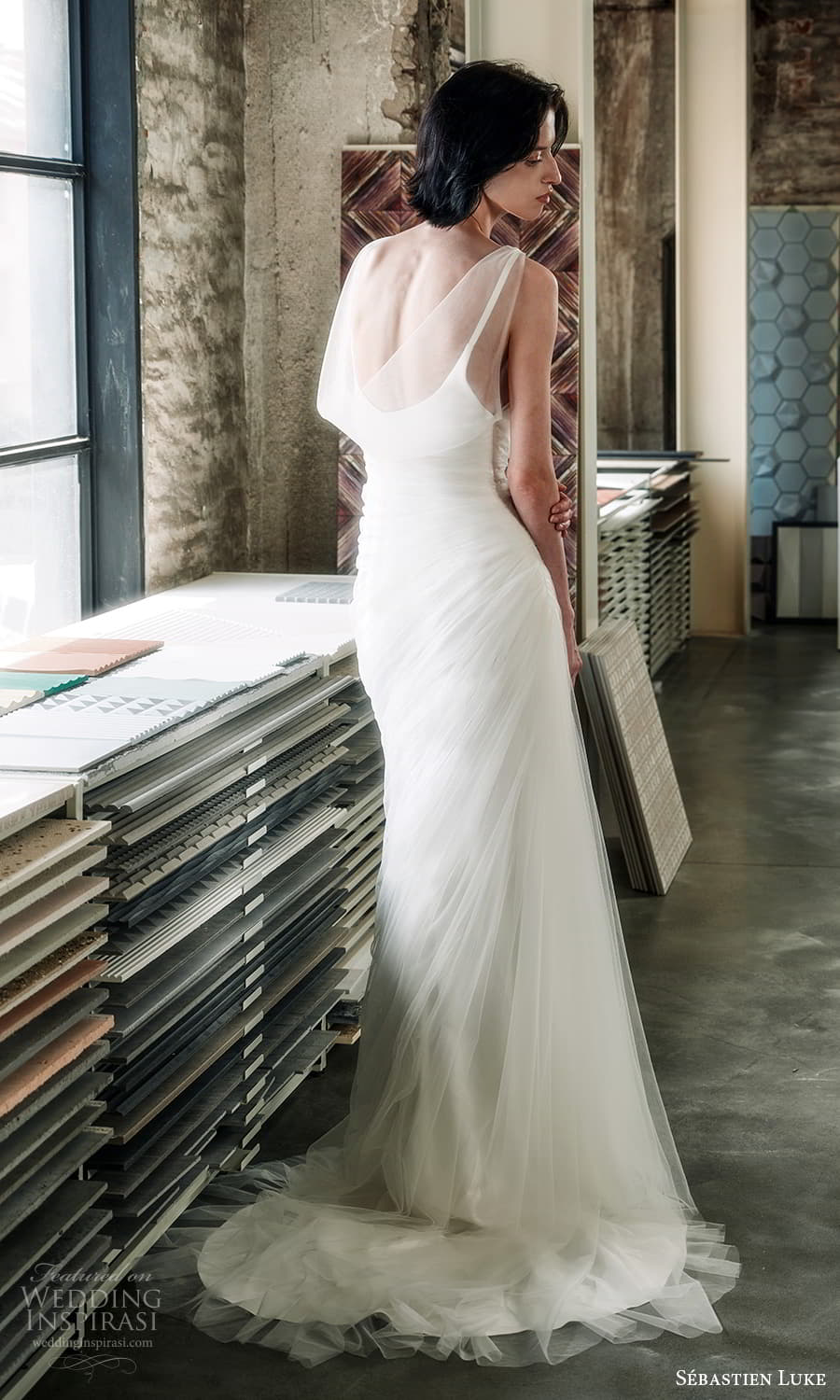 sebastien luke fall 2025 bridal sleeveless straps deep scoop neckline ruched sheath wedding dress chapel train (9) bv