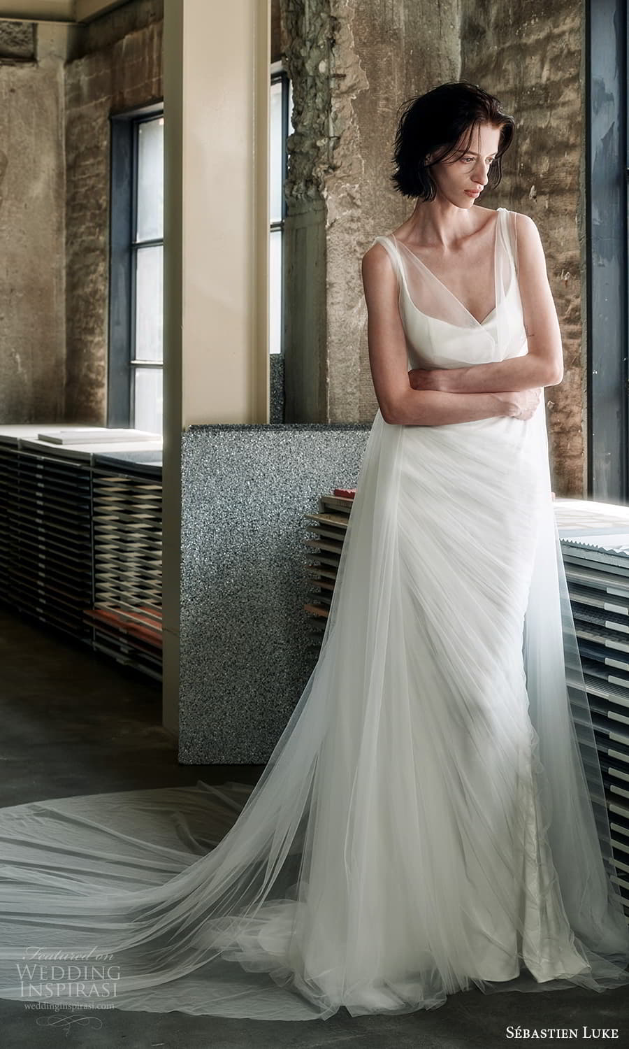 sebastien luke fall 2025 bridal sleeveless straps deep scoop neckline ruched sheath wedding dress chapel train (9) mv