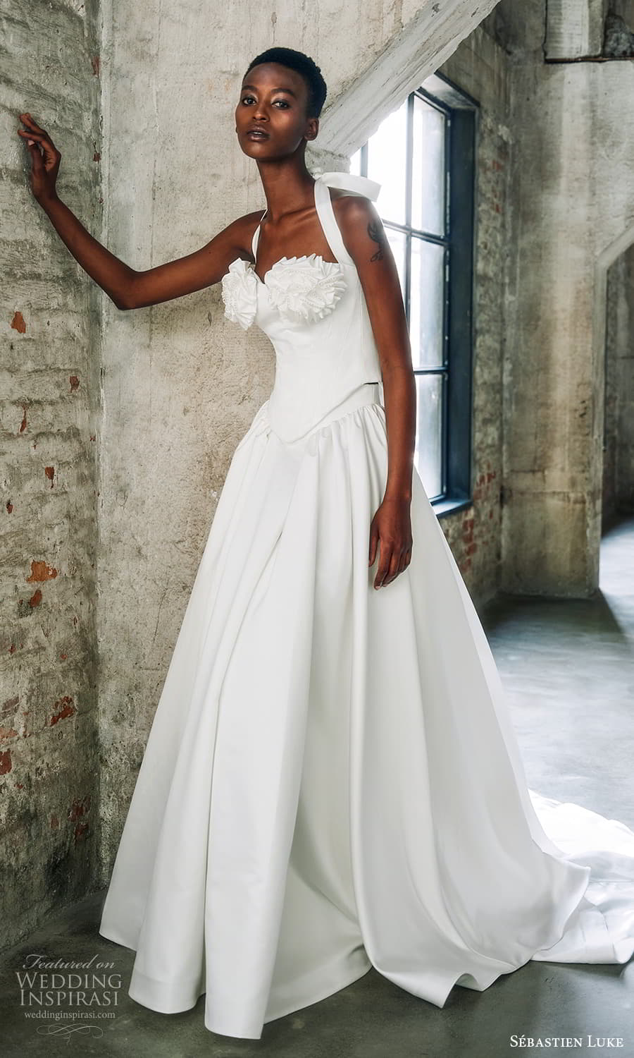 sebastien luke fall 2025 bridal sleeveless thick halter straps sweetheart neckline basque waist clean minimalist a line ball gown wedding dress chapel train (1) mv