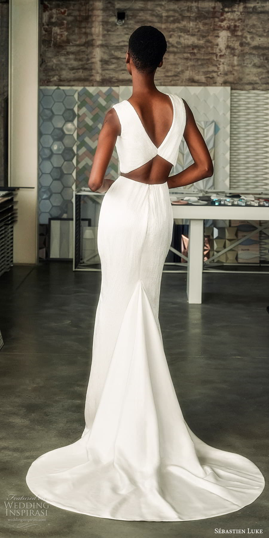 sebastien luke fall 2025 bridal sleeveless thick straps v neckline crop top clean minimalist sheath skirt chapel train (5) bv