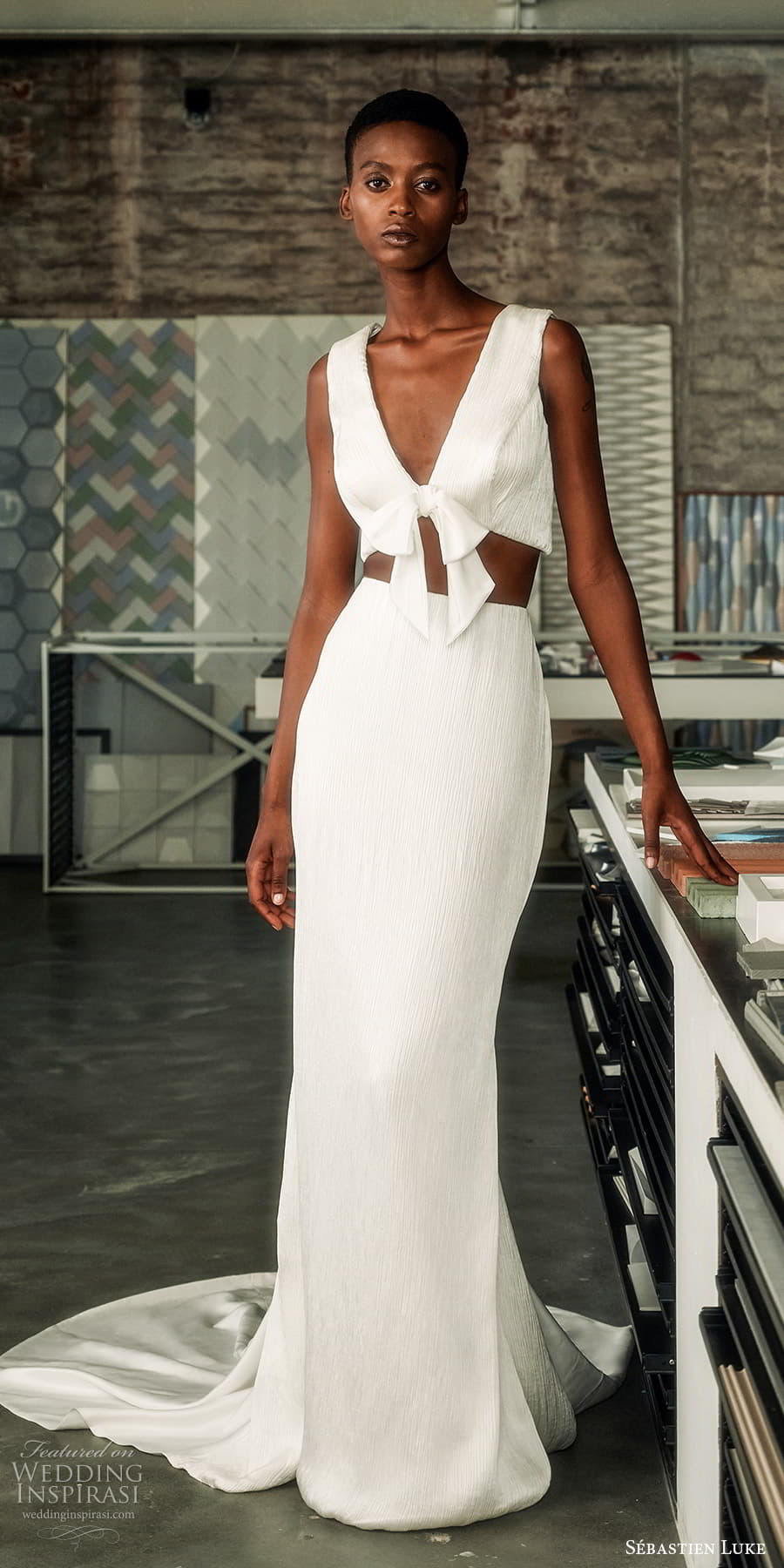 sebastien luke fall 2025 bridal sleeveless thick straps v neckline crop top clean minimalist sheath skirt chapel train (5) mv