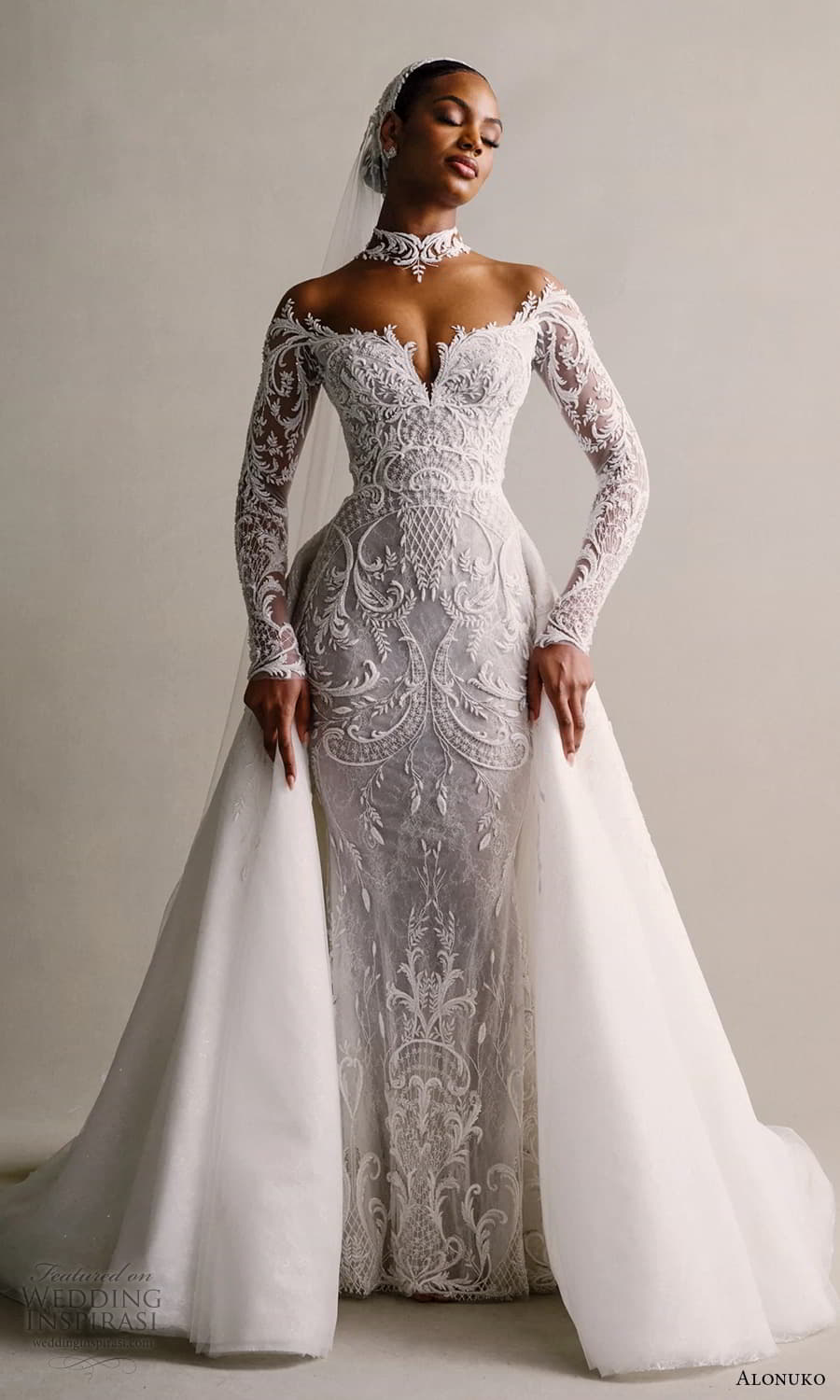 alonuko 2024 bridal sheer long sleeve choker off shoulder portrain neckline heavily embellished sheath column wedding dress a line overskirt chapel train (6) mv