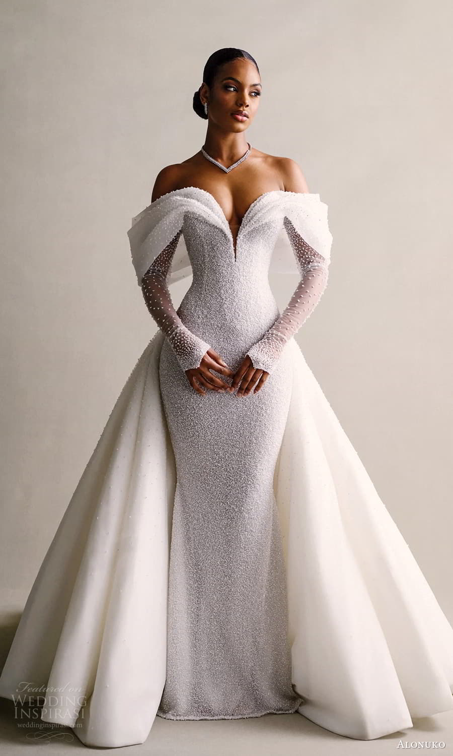 alonuko 2024 bridal sheer long sleeves off shoulder plunging portrait neckline heavily embellished sheath wedding dress a line overskirt chapel train (2) mv