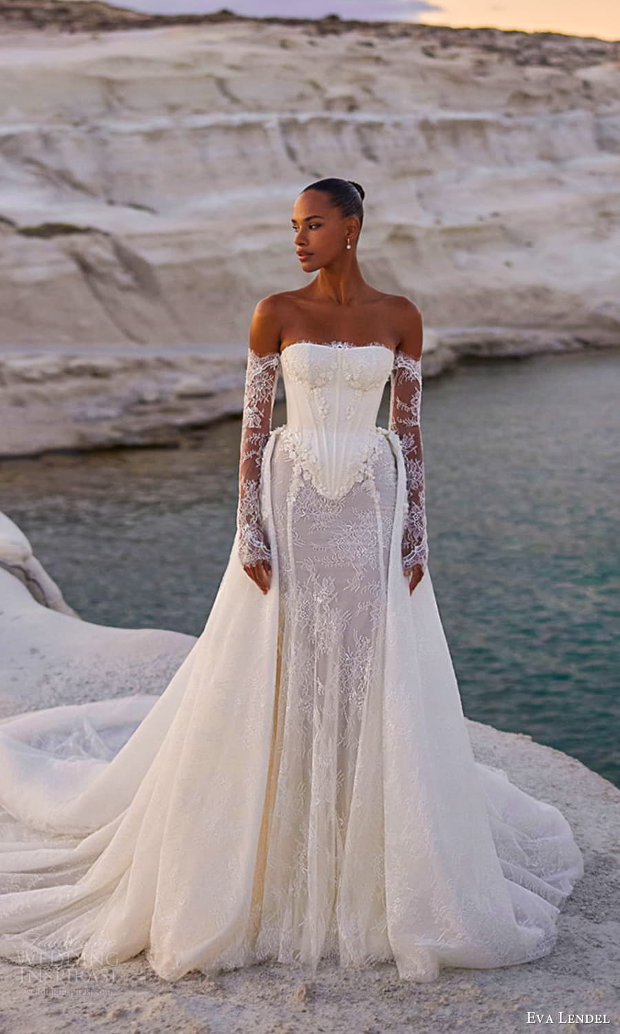 eva lendel fall 2025 bridal detached long sheer lace sleeve strapless semi sweetheart neckline corset bodice basque waist a line wedding dress ball gown overskirt cathedral train (8) mv