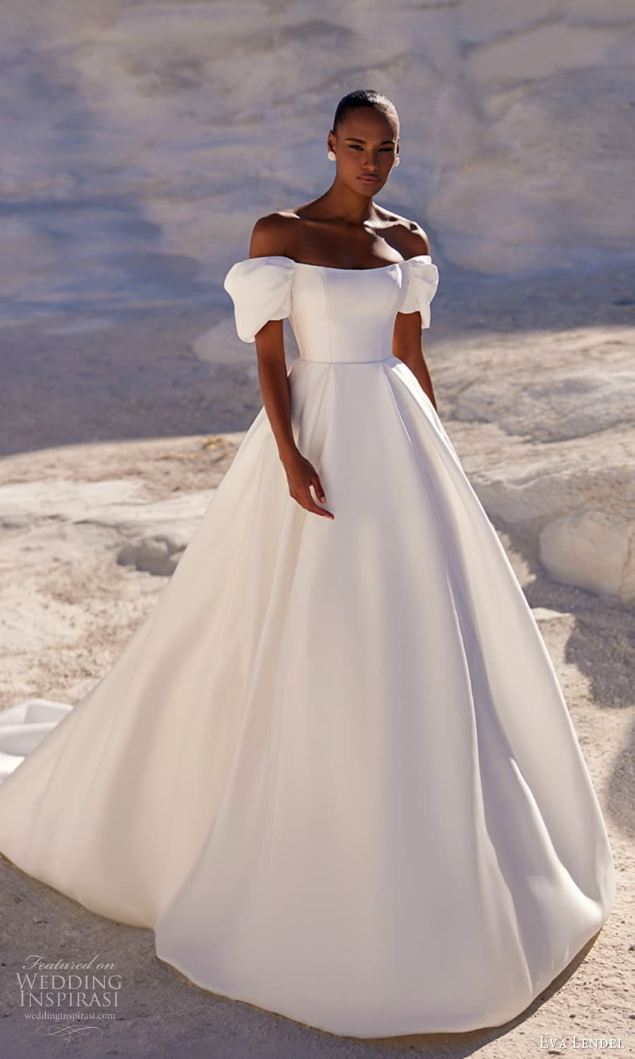 eva lendel fall 2025 bridal off shoulder short puff sleeves strapless scoop neckline clean minimalist a line ball gown wedding dress chapel train (21) mv