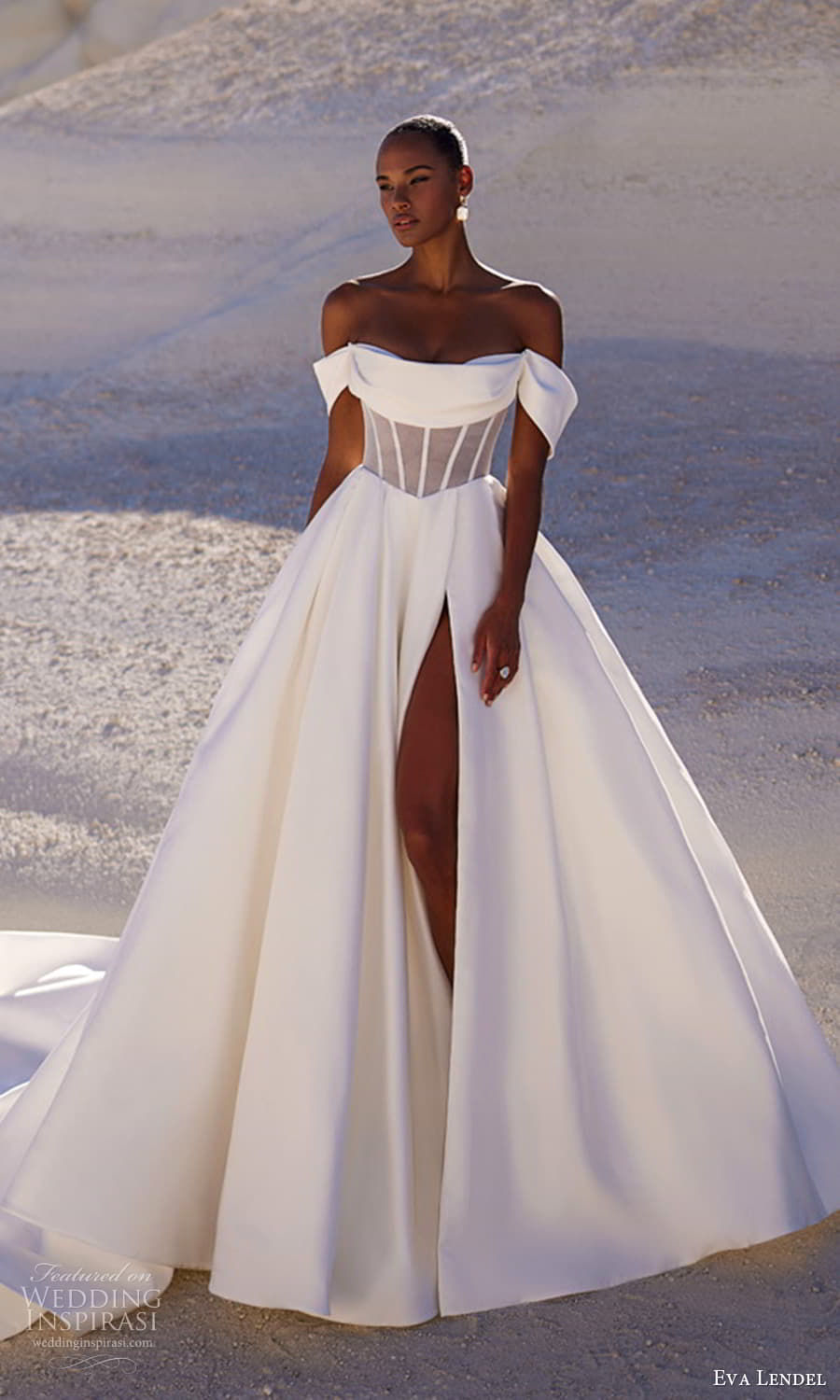 eva lendel fall 2025 bridal off shoulder straps crumbcatcher sweetheart neckline sheer corset bodice a line ball gown wedding dress slit skirt chapel train (17) mv