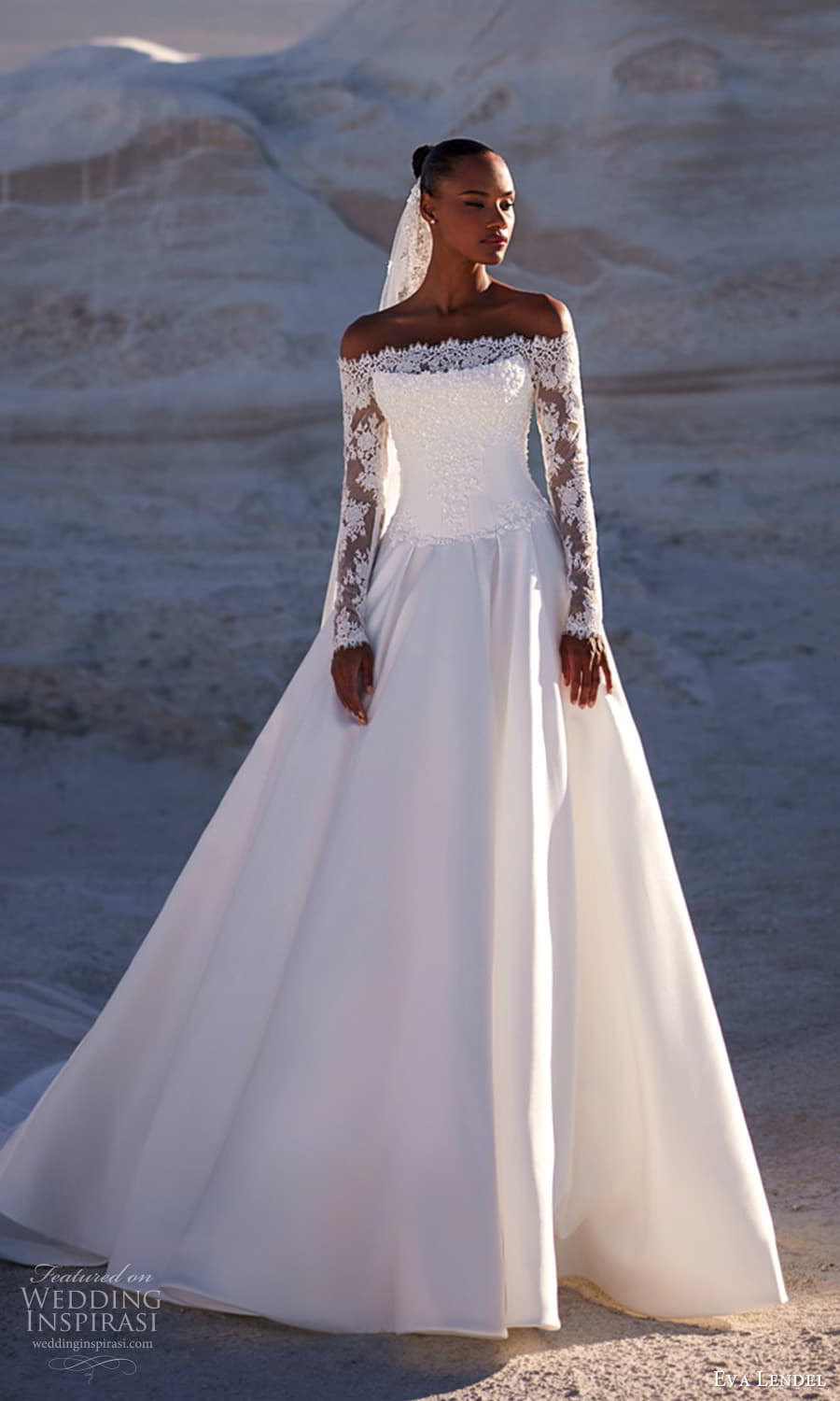 eva lendel fall 2025 bridal sheer long sleeve off shoulder scalloped neckline embellished bodice clean skirt a line ball gown wedding dress chapel train (19) mv