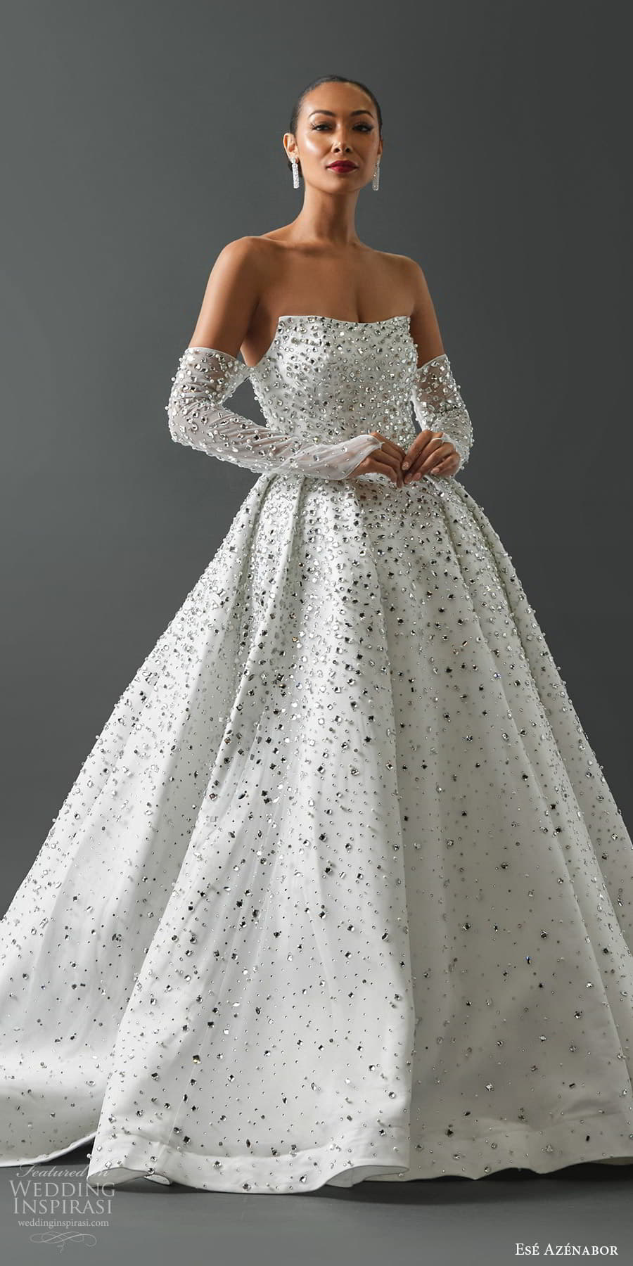 ese azenabor fall 2025 bridal detached long sleeves strapless straight across neckline heavily embellished a line ball gown wedding dress chapel train (6) mv