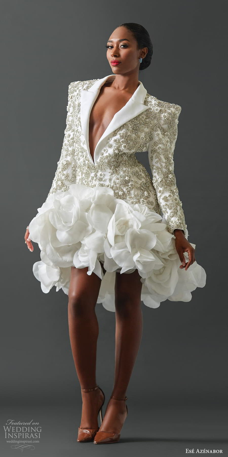 ese azenabor fall 2025 bridal long sleeve clean lapel embellished blazer jacket ruffle skirt short wedding dress (13) mv