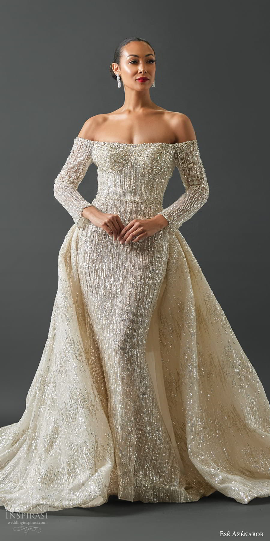 ese azenabor fall 2025 bridal off shoulder long sleeves strapless straight across neckline heavily embellished sheath wedding dress a line overskirt chapel train (4) mv