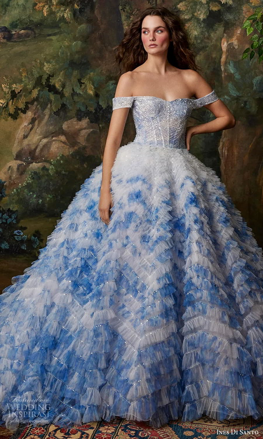 ines di santo fall 2025 bridal off shoulder straps semi sweetheart neckline corset bodice heavily embellished ruffle skirt a line ball gown wedding dress blue color (14) mv