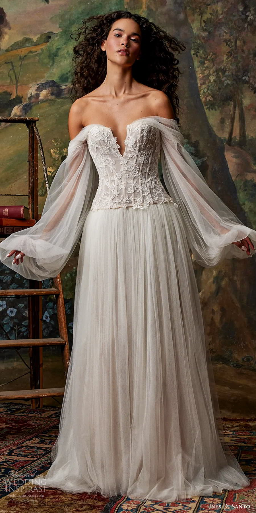 ines di santo fall 2025 bridal sheer billowy bishop sleeves off shoulder split sweetheart neckline embellished corset bodice drop waist boho a line wedding dress chapel train (5)