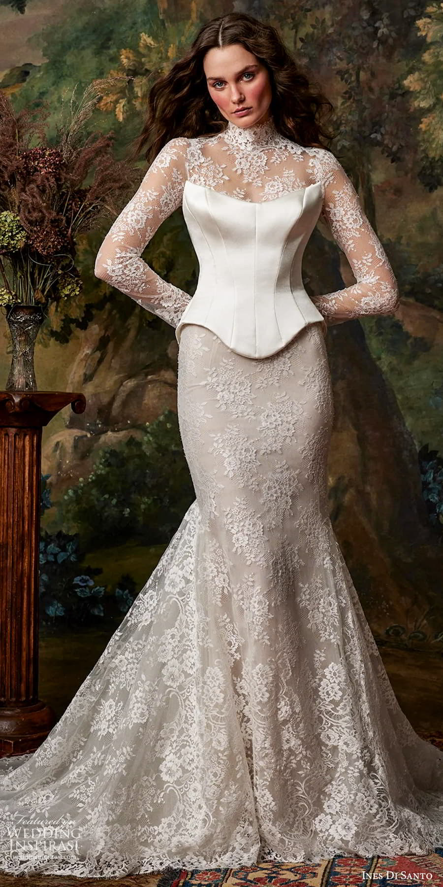 ines di santo fall 2025 bridal sheer long sleeves high neck inner strapless scoop neckline corset bodice sheath wedding dress chapel train (3) mv