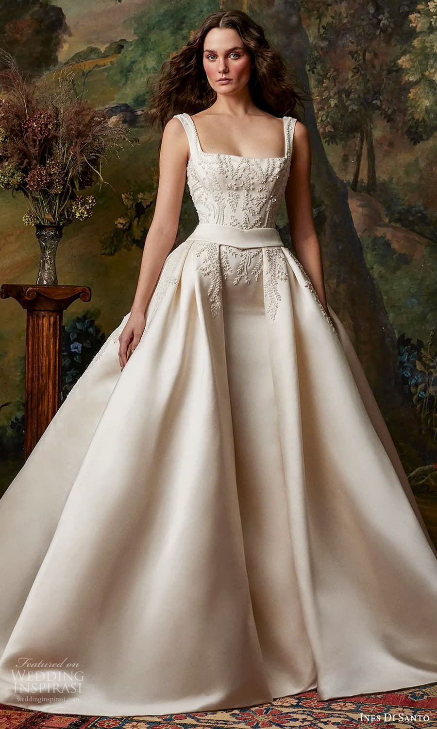 ines di santo fall 2025 bridal sleeveless thick straps square neckline embellished a line ball gown overskirt sheath column wedding dress chapel train (12) mv