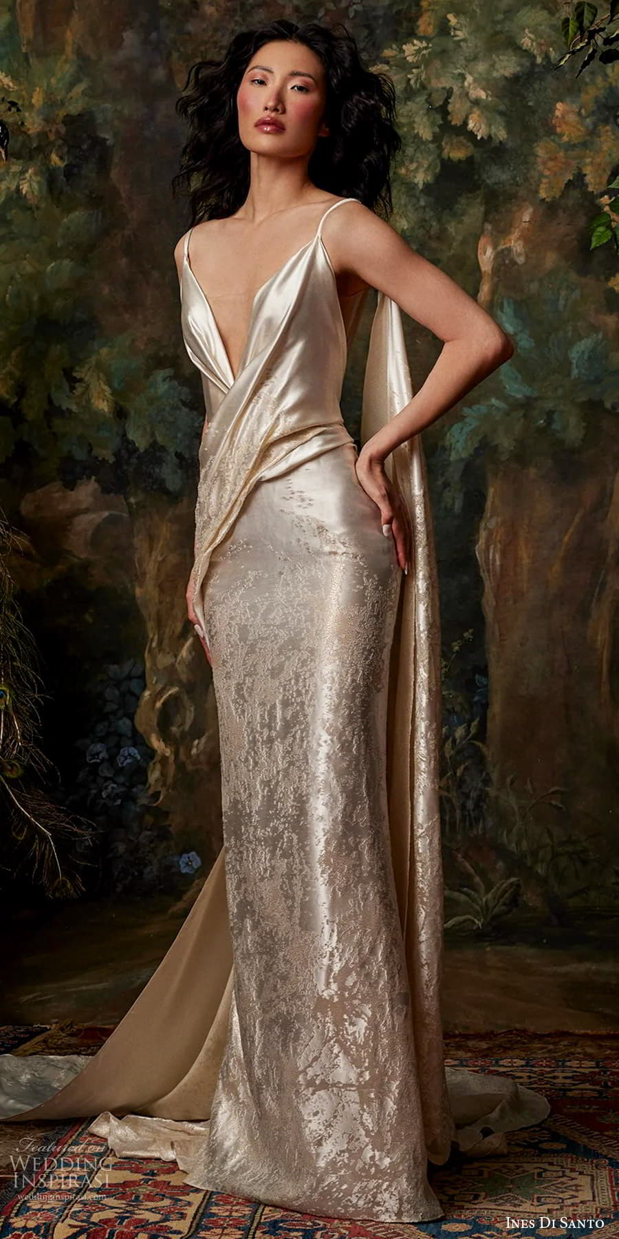 ines di santo fall 2025 bridal sleeveless thin straps plunging neckline ruched bodice sheath wedding dress chapel train pale gold color (10) mv