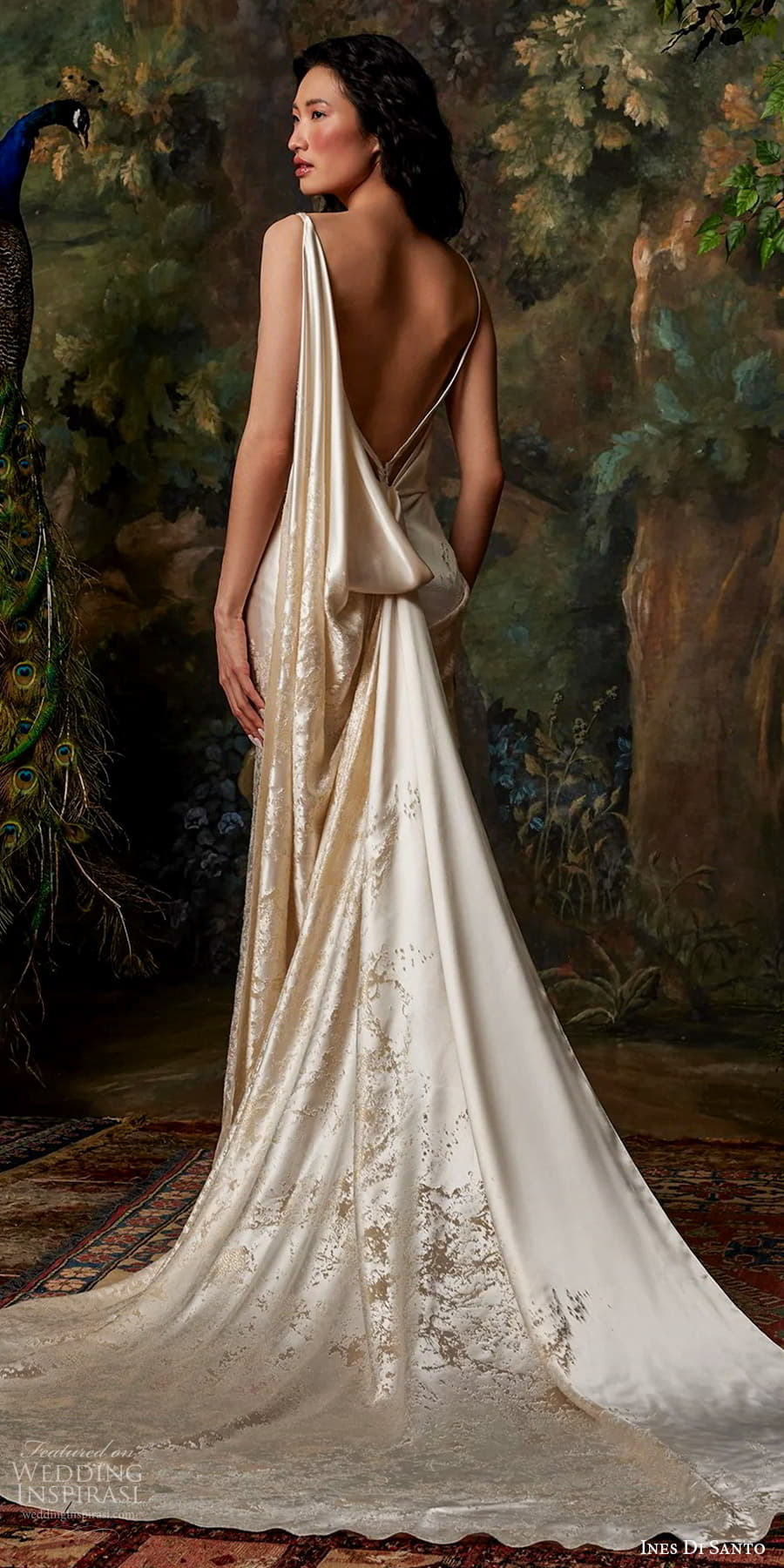 ines di santo fall 2025 bridal sleeveless thin straps plunging neckline ruched bodice sheath wedding dress chapel train pale gold color low open back (10) mv