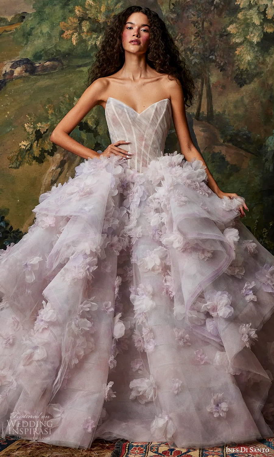 ines di santo fall 2025 bridal strapless cat eye neckline corset ruched bodice basque waist embellished skirt a line ball gown wedding dress chapel train lavender color (2) mv