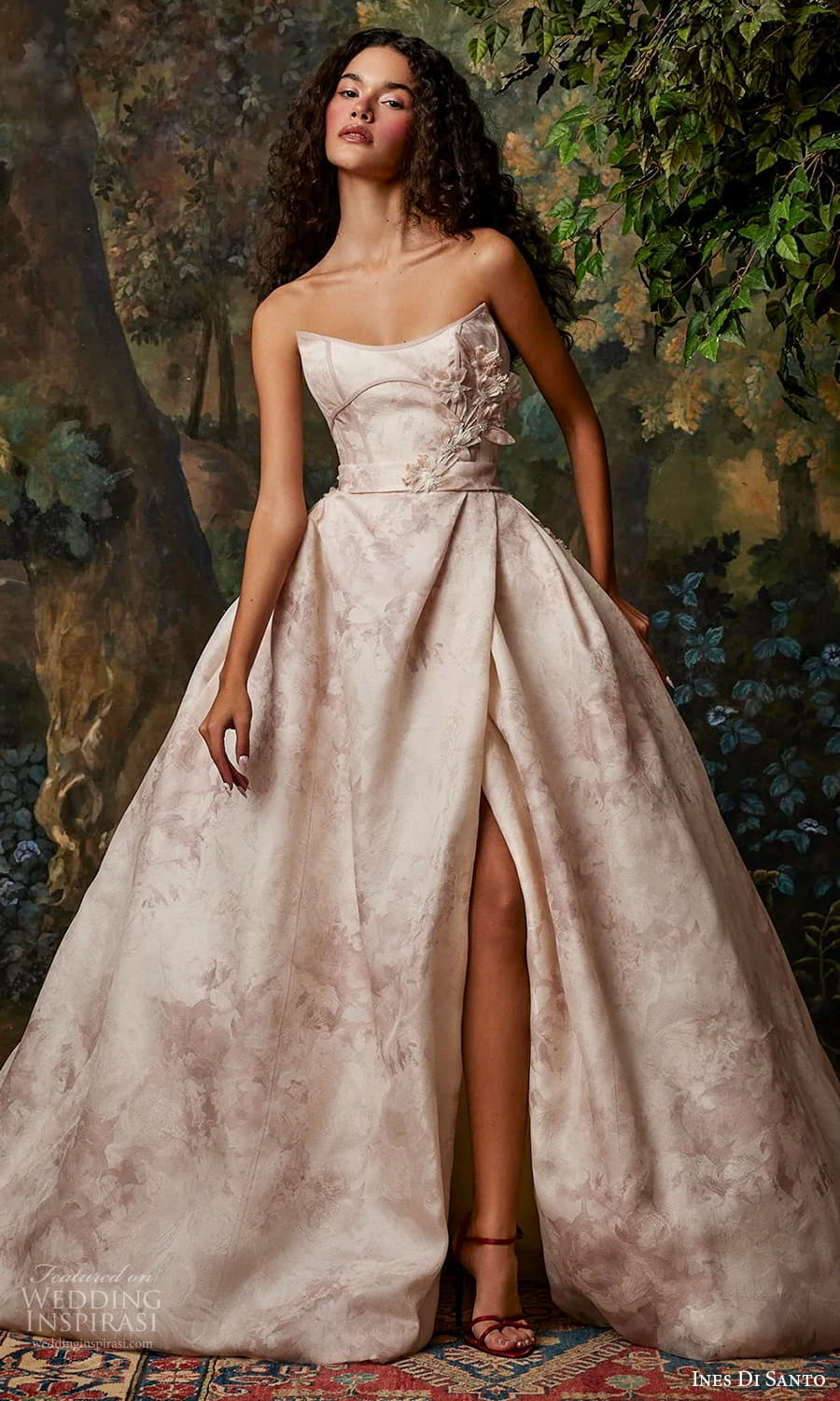 ines di santo fall 2025 bridal strapless scoop cat eye neckline embellished a line ball gown wedding dress chapel train slit skirt pink color (1) mv