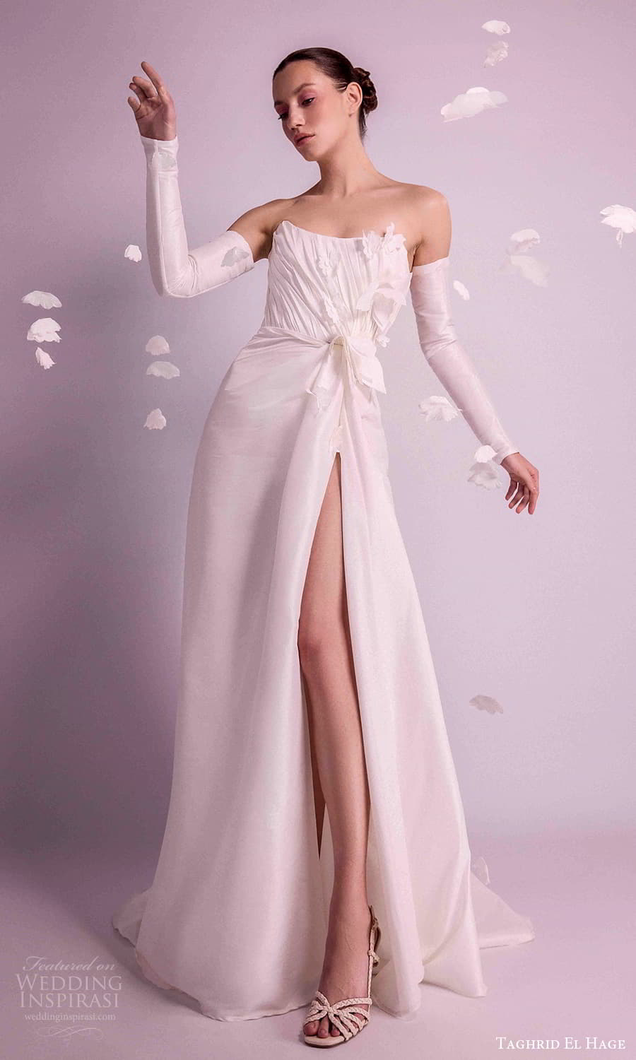 taghrid el hage 2025 bridal detached sleeve strapless scoop neckline ruched bodice a line wedding dress slit skirt chapel train (9) mv