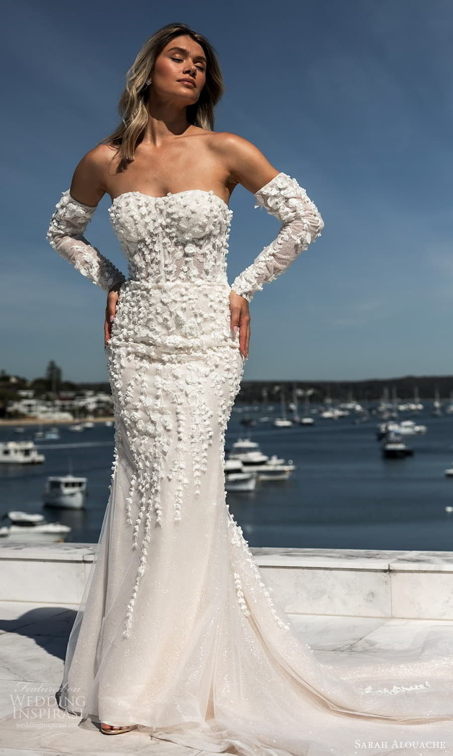 sarah alouache 2025 bridal detached long sleeves strapless semi sweetheart neckline embellished sheath chapel train a line overskirt bow back (7) fv