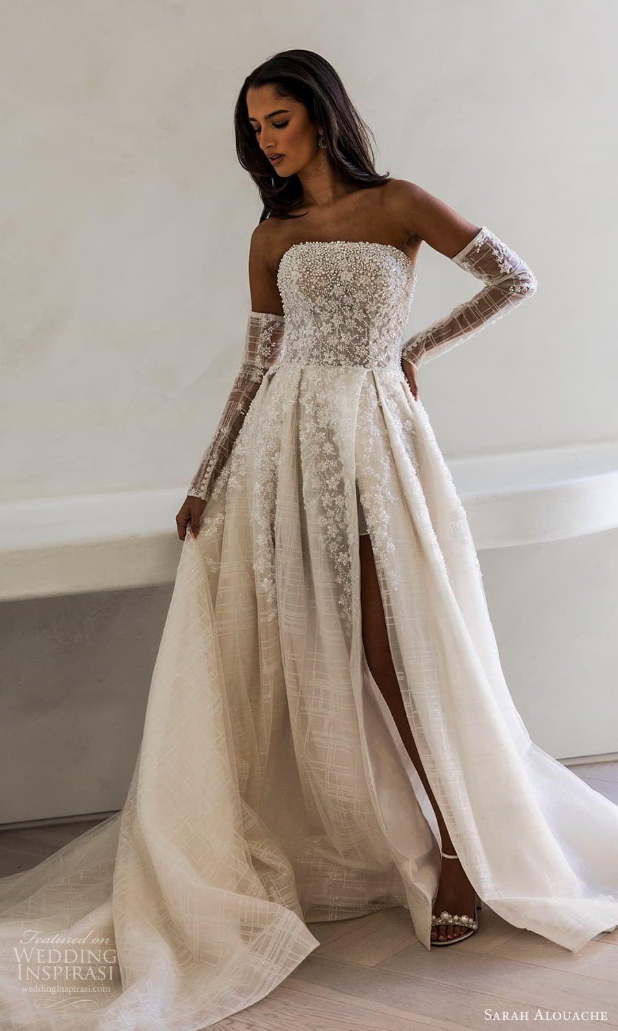 sarah alouache 2025 bridal detached sheer sleeves strapless straight across neckline heavily embellished a line ball gown wedding dress slit skirt chapel train (8) mv