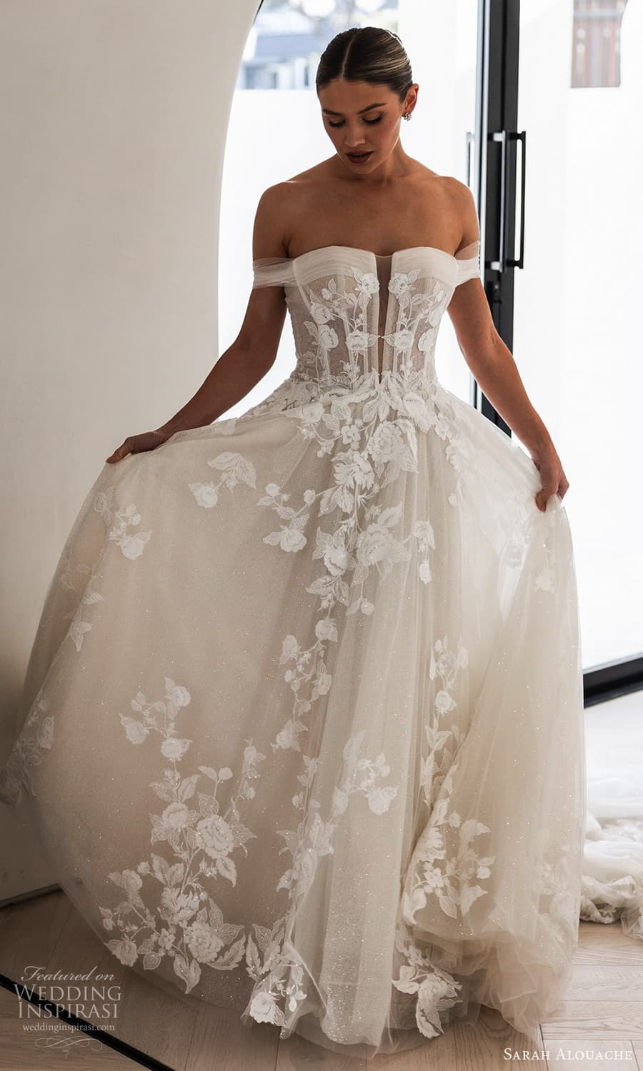 sarah alouache 2025 bridal off shoulder straps semi sweetheart neckline embellished corset bodice a line ball gown wedding dress chapel train (11) mv