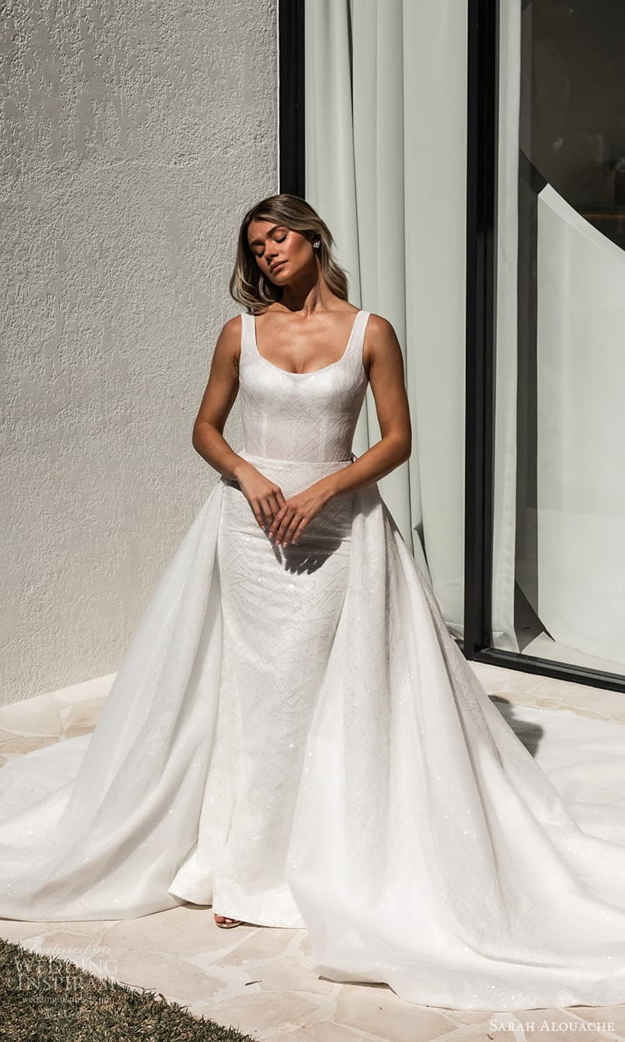 sarah alouache 2025 bridal sleeveless thick strapes square neckline embellished sheath column wedding dress chapel train a line overskirt (6) mv