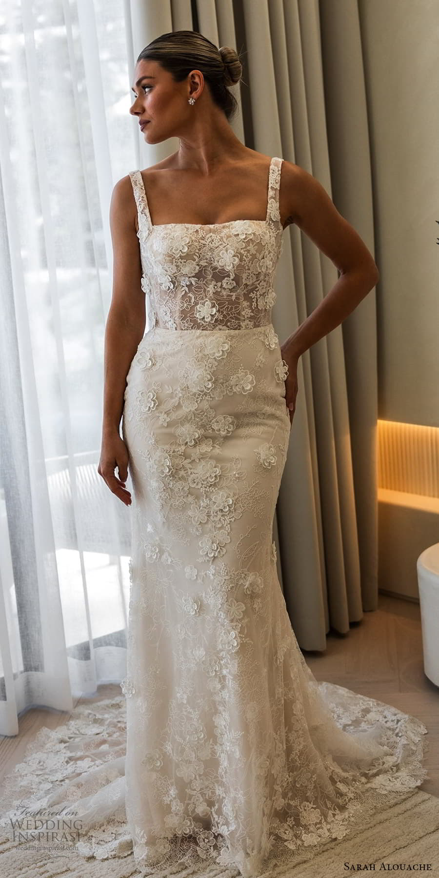 sarah alouache 2025 bridal sleeveless thick straps square neckline embellished lace sheath wedding dress chapel train (15) mv